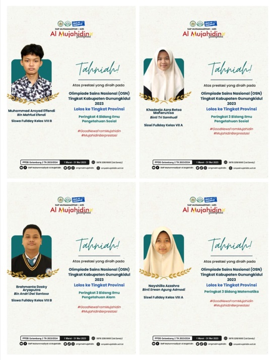 4 Siswa SMP Muhammadiyah Al Mujahidin Raih Juara dalam Ajang OSN Tingkat Kabupaten Gunungkidul